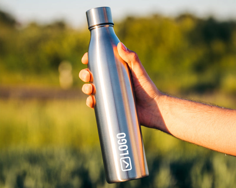 Stainless steel sports bottle with an engraved company logo