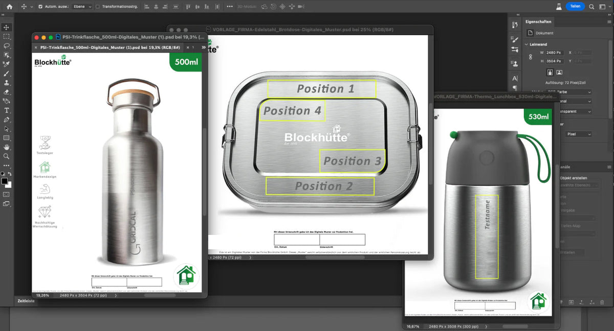 Digital preview: Blockhütte products with logo positions in a design program