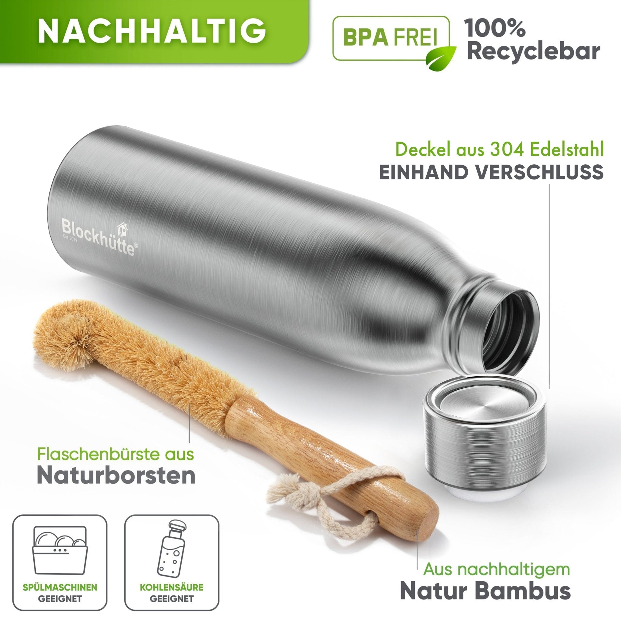 Premium Edelstahl Sport Trinkflasche isoliert mit [GRATIS Naturborsten - Bürste] - Blockhütte - BH0015