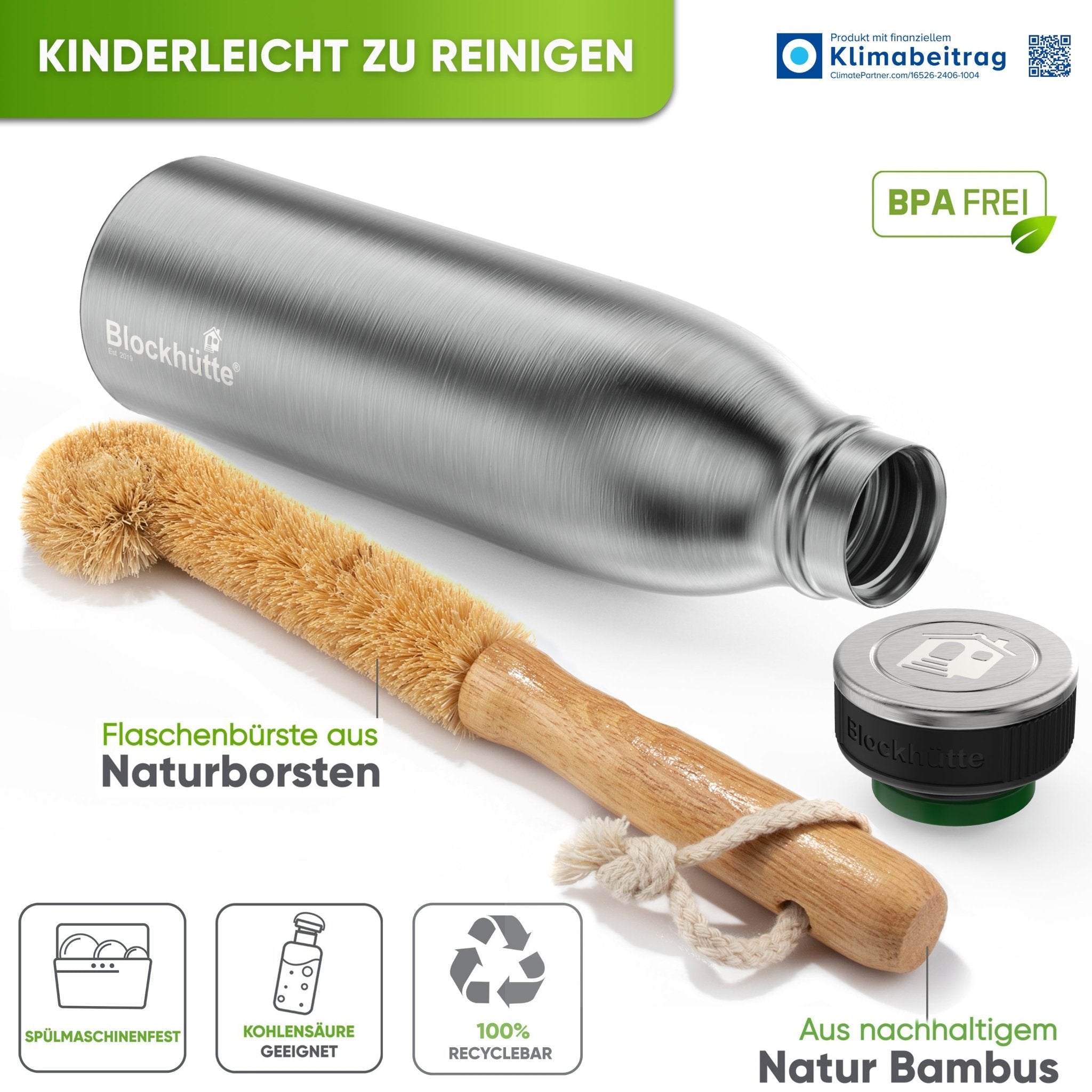 Premium Edelstahl Sport Trinkflasche isoliert mit [GRATIS Naturborsten - Bürste] - Blockhütte - BH0016