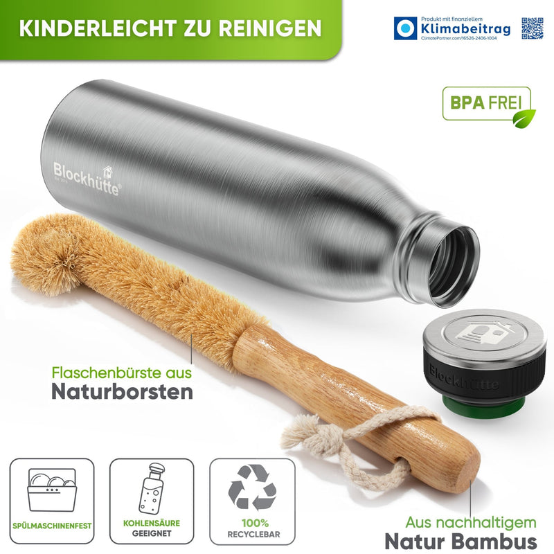 Premium Edelstahl Sport Trinkflasche isoliert mit [GRATIS Naturborsten - Bürste] - Blockhütte - BH0016