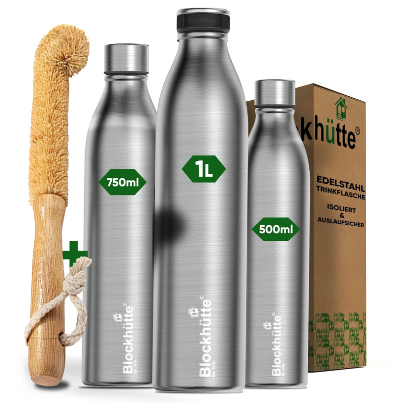 Premium Edelstahl Sport Trinkflasche isoliert mit [GRATIS Naturborsten - Bürste] - Blockhütte - BH0016