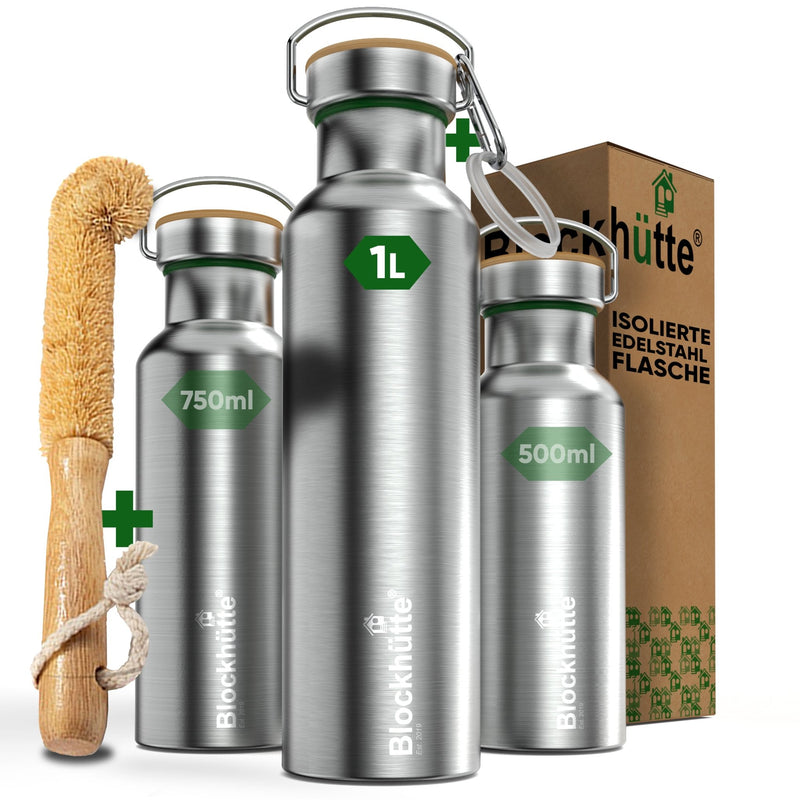 Premium Edelstahl Trinkflasche isoliert mit [GRATIS Bürste] - Blockhütte - BH0013