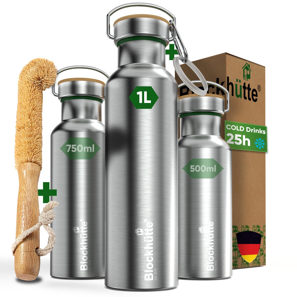 Stainless Steel Water Bottle - Insulated + FREE Brush - 1000ml - Blockhütte UK
