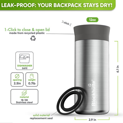 Travel Mug Stainless Steel for Coffee & Tea - 354ml - Blockhütte UK