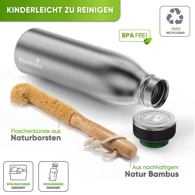 Premium Edelstahl Sport Trinkflasche isoliert mit [GRATIS Naturborsten - Bürste] - Blockhütte - trinkflasche kinder trinkflasche 1l wasserflasche trinkflasche fahrrad thermosflasche thermoskanne 1l water bottle edelstahl trinkflasche flasche fahrradflasche trinkflasche 1 5 liter air up flasche starter set trinkflaschen flaschen wasserflasche 1l kinder trinkflasche